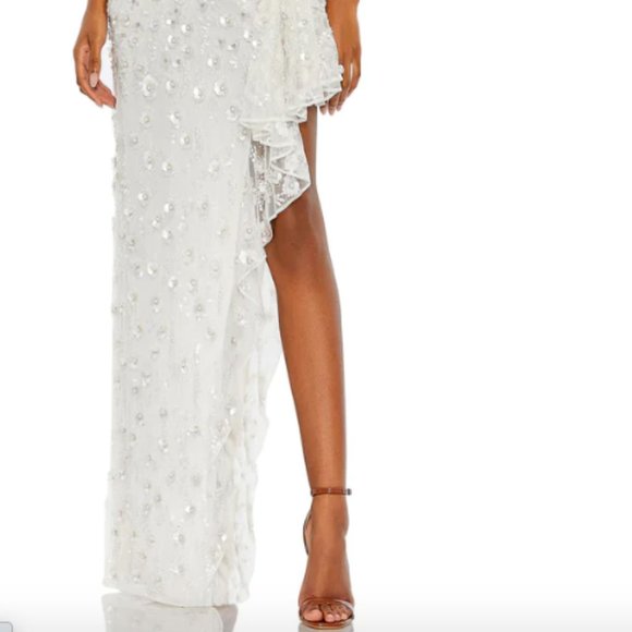 MAC DUGGAL 93687 ONE SHOULDER ASYMMETRICAL RUFFLE WHITE GOWN sz 16 - Picture 5 of 6